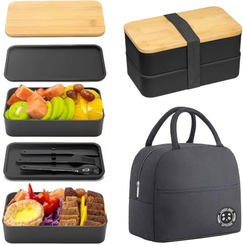 Dexpally Bento Lunchbox Adultos 1200ml Bento Box Japonesa 2 Niveles Tapa de Bambú Paquete Fiambrera con cubiertos y bolsa de almuerzo apilable Negro para niños Trabajo Escuela