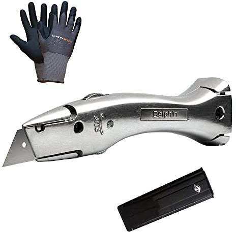 4x Teppichmesser Universalmesser Delphin 03 Das Originial inkl. Köcher + 1 Paar Schutzhandschuh