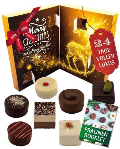 Hallingers Genuss Manufaktur Pralinen Adventskalender - ohne Alkohol, handmade aus Edelkakao in wertigem Softfeel-BuchKarton Sternennacht, Weihnachtskalender für Frauen Männer