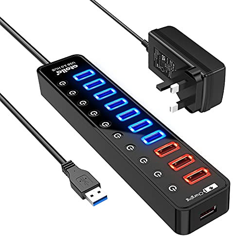 Atolla USB Hub Powered, 11-Port USB 3.0 Extension Splitter（7 USB 3.0 Data Ports+4 Smart Charging Ports）with Individual On/Off Switches and 12V/4A Power Adapter for High Power devices.