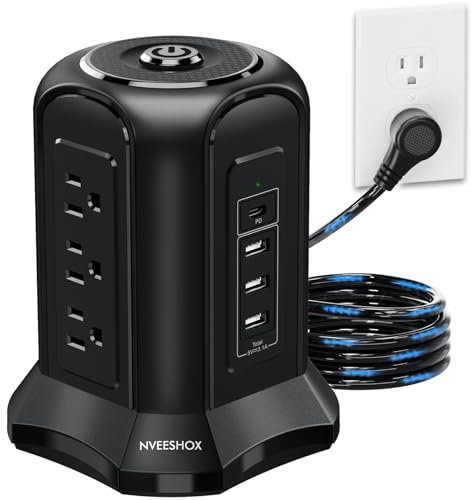 NVEESHOX Power Strip Surge Protector Tower- 9 AC Multiple Outlets with 4 USB Ports (1 USB C),10 Ft Long Heavy Duty Extension Cord,Flat Plug Charging Station with Overload Protection for Home Office