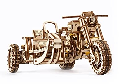 UGEARS Motorrad mit Beiwagen 3D-Puzzles – Vatertagsgeschenk Holzmodellbausätze für Erwachsene zum Bauen – Beiwagen-Motorrad-Modellbausatz im Retro-Design mit Gummibandmotor