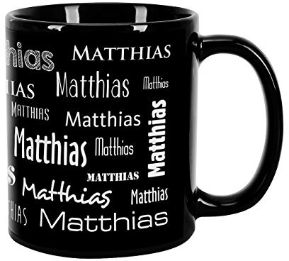 Herz & Heim® Namenstasse in verschiedenen Schriftarten 300 ml aus Keramik mit Farbauswahl Schwarz-Weiß