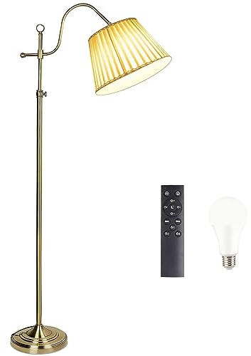 LANMOU Doré Lampadaire Salon, Rétro 12W Lampadaire sur Pied LED Dimmable avec Télécommande, Abat-jour en Tissu Blanc, E27 Vintage Lampe sur Pied Métal pour Chambre, Bureau, Étude, Salle à Manger