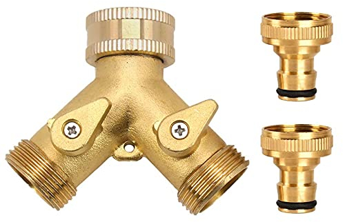 MAINOSHY Garden Hose Splitter, 3/4 Inch 2 Way Brass Tap Y Valve Hose Connector with Individual On/off and 2PCS 3/4 Inch Quick Connector for Home Kitchen Garden Watering