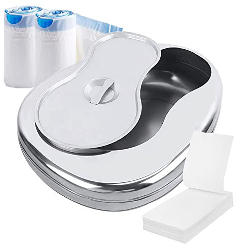 Stainless Steel Bed Pan for Elderly Females Heavy Duty Bedpan Set with 30 Liners Disposable and Super Absorbent Pads Thick Large Bed Pans with Lid for Men Women Home Use