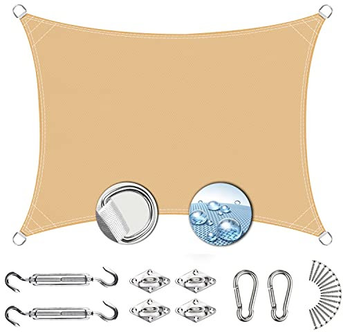 Linmssd Tenda a Vela Quadrato 2x4.7m, Telo ombreggiante, Impermeabile e Resistente con Kit di Fissaggio Professionale per spazi all'aperto - Color Crema