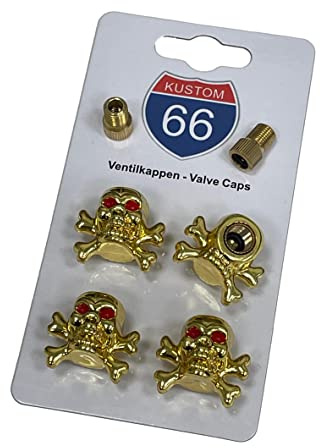 4er Set Ventilkappen + 2 Fahrradadapter - Totenkopf Gold mit Knochen - für jedes Auto, Motorrad und Fahrrad geeignet