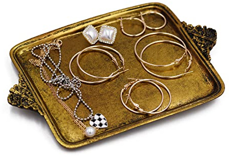 Vintage Gold Jewelry Decorative Tray, Perfume Organizer Jewelry Dresser Organizer Tray ,Bathroom Dresser Vanity Tray -8.5 x 5.7 inches