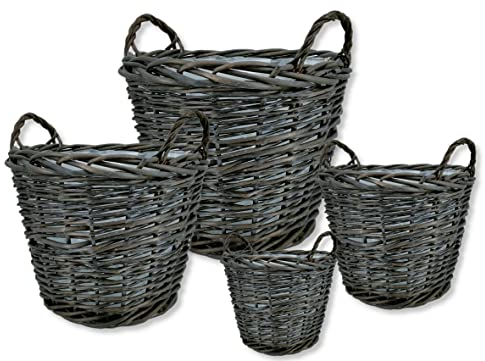 DARO DEKO Weiden Pflanzkorb mit Henkeln und Kunststoffeinsatz Aufbewahrungskorb Pflanzkübel Übertopf Blumen-Korb (schwarz, 4er Set - S, M, L und XL)