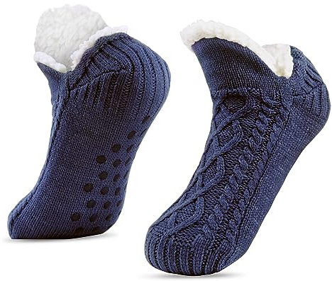 SIHOHAN Slipper Socks Mens with Grippers Thermal Fluffy Cozy Bed Socks for Men Non Slip Winter Warm Fleece Lined Knitted Sock (Navy)