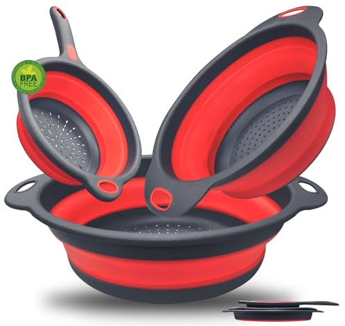 Walfos Juego de 3 piezas Escurridor Plegable, Cocina Plegable escurridor pasta de Silicona, Coladores de Cocina Plegable con Asa para Escurrir Frutas y Verduras Pasta, 34, 24 & 20 cm