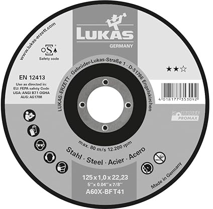 LUKAS ERZETT 50 discos de corte T41 para acero 125 x 1,6 mm recto, para amoladora angular, A46X-BF, 13,5 x 14,5 x 12 cm