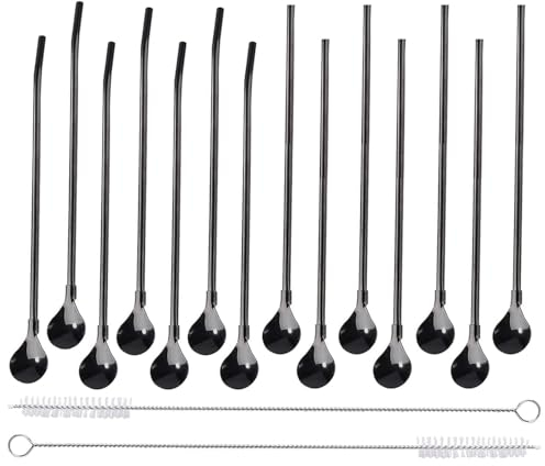 14Pcs Edelstahl Trinkhalme Löffel, BetterJonny Trinkhalme Löffel 2 in 1 Wiederverwendbare Strohhalme Löffel Trinkhalmlöffel Löffel-Strohhalme ideal als Latte Macchiato und Cocktail-Löffel (Schwarz)