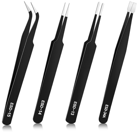 Pinzas de Precisión Kit, 4 Piezas Anti-Estática Acero Inoxidable Pinzas, Pinzas Antiestáticas Electronic, Pinza de Precisión Multifuncional para Joyería, Artesanía, Laboratorio