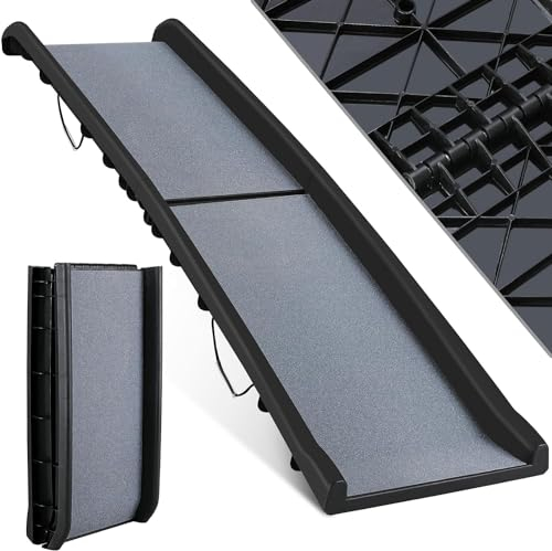 Hunderampe Klappbar, Hundetreppe Auto, 90 kg Tragfähigkeit,für Große & Kleine Tiere, Kofferraumrampe, für Autos, Betten, Treppen, Anti-Rutsch, 156x40 cm, Grau
