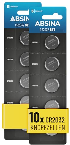ABSINA 10x Pile CR2032 3V Lithium - Piles 2032 Lithium 3V Longue durée & étanches - Piles CR2032 pour clés de Voiture etc. - Pile CR 2032 Pile Bouton