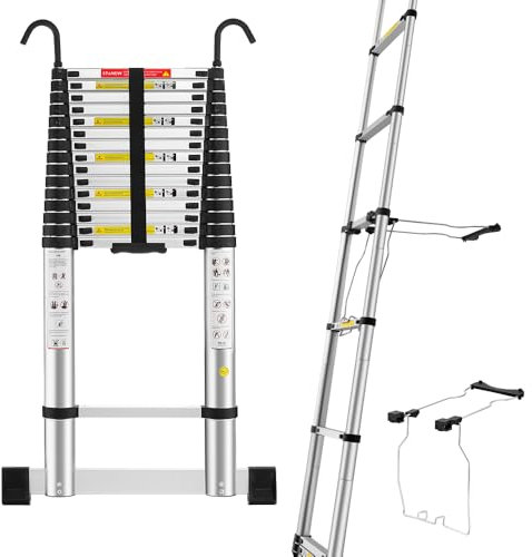 STANEW Telescopic Ladder 6.2 M,Aluminium Ladders Extendable with Exclusive Custom Stabilizer, Stabilizer Bar, Detachable Hooks, Multi-Purpose Telescoping Ladder with Triangular Thickened Non-Slip Feet