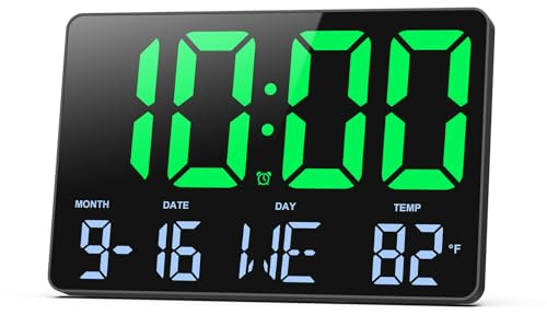 OQIMAX Digital Alarm Clock, 11.5 Large Wall Clock with Remote Control, LED Clock with Date Week Temperature, 4 Levels Brightness, Auto Dimming, Wall Clock for Bedroom Office Gym Shop Garage (Green)