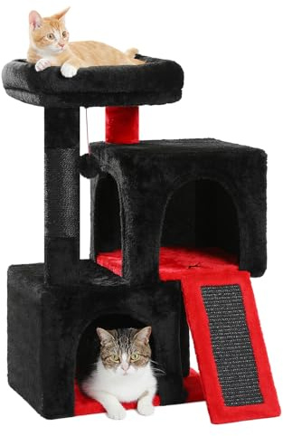 PETEPELA Arbre à chat avec double niche pour chat d'intérieur, maison tout-en-un avec perchoir rembourré, rampe à griffer, poteaux et balles interchangeables Noir