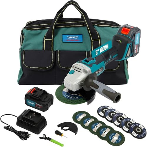 Cordless Angle Grinder, 7/8 Arbor, 4-1/2 to 5 Paddle Electric Angle Grinder Kit, 9000RPM Brushless Power Grinder for Cutting/Sharpening/Removing Rust -JOVANT (2 Batteries)