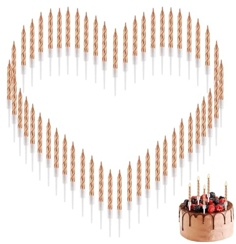 50 Stücke Geburtstagskerzen, Geburtstagskerzen Für Torte, Spiral Kuchen Kerzen Metallische Torte Geburtstagskerze mit Haltern Hochzeit, Party, Kurze Dünne Kerzen für Kuchendekoration (Champagner Gold)