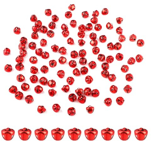 100st Glöckchen zum Basteln, 1cm Weihnachtsglöckchen Kleine DIY Metallglöckchen Dekorative Metallglöckchen für Feiertags- Fest- Heimparty Geschenkboxen Dekorationen (Rot)