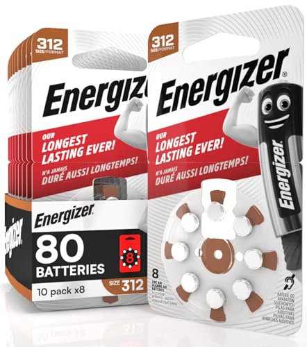 80 Batterie Acustiche Energizer per Apparecchi Acustici Auricolari Misura 312 Marrone Senza Mercurio - 10 Confezioni da 8 Pile