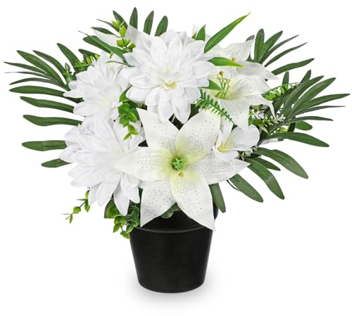 Hollyone Künstliche Friedhof Blumen für Grabschmuck, Kunstblumen im Topf für Grab, Weiße Künstlicher Dahlien und Lilien Deko Blume Grabgesteck Gedenkstätte Seidenblumen