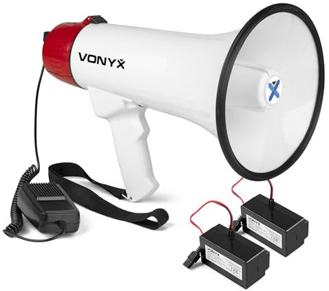 Vonyx MEG045 - Akku Megaphone mit Sirene und Mikrofon, inkl. 2X Akkus, Bluetooth, Aufnahmefunktion, 45 Watt Megafon, bis 1000 Meter Reichweite, Megaphon mit Umhänge-Gurt, MP3, USB, SD, Weiß/Rot