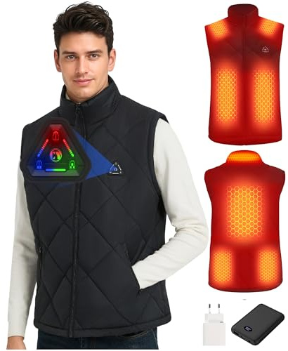 CYCYHEAT Gilet Chauffant pour Hommes et Femmes avec Batterie 7,4V 10000mAh et Commande 4-en-1 (FR/ES, Alpha/lettres, TG, Taille normale, Taille normale, Gilet Homme Noir + Batterie 10000mAh)