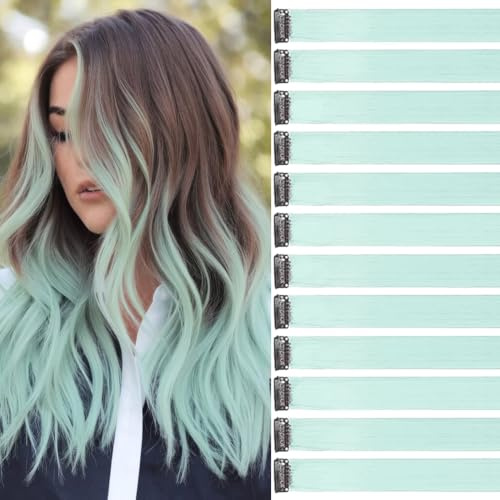 Lot de 12 mèches de cheveux à clipser vert canard - 55 cm - Pour tresses/tresses - Extensions individuelles - Mèches individuelles - Multicolore - Accessoires