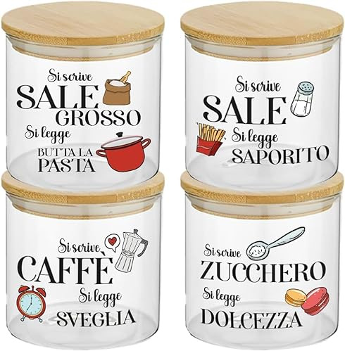 Generico Set Contenitori per Sale Fino e Grosso Zuccherro e Caffè Personalizzati Descrizioni Confezione 4 Barattoli Trasparenti In Vetro Coperchio Legno Idea Regalo Arredo Decorazioni Casa Cucina