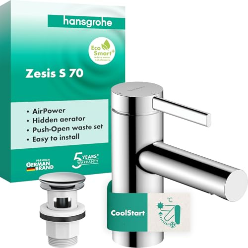 hansgrohe Zesis S - Waschtischarmatur mit Push-Open Ablauf, energiesparend (CoolStart), Wasserhahn Bad mit Auslaufhöhe 74 mm, Mischbatterie Waschbecken wassersparend (EcoSmart+), Chrom, 74715000