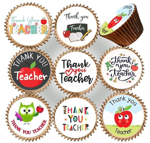 30 x PRE CUT THANK YOU TEACHER MIXED IMAGES EDIBLE WAFER CARD RICE PAPER 4.5 cms CUPCAKE TOPPERS DECORATIONS