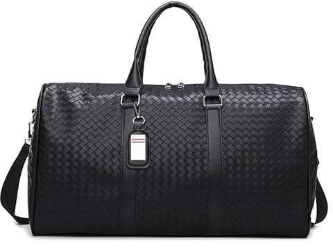 Leder Sporttasche Für Herren, Reisetasche Mit Nassfach, Weekender Tasche Handgepäck Trainingstasche Fitnesstasche, Gym Bag Reisetasche Wasserdicht Schwimmtasche Schwarz (Gewebtes Muster)
