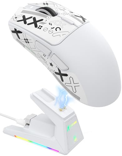 ATTACK SHARK X1 Gaming-Maus mit Magnetischer Ladestation, PixArt PAW3395PRO Gaming-Sensor, 40000 DPI, 49g Superlight-Maus, BT/2,4G Kabellos/Kabelgebunden, 100M-Mikroschalter für PC/Xbox/PS/Mac – Weiß