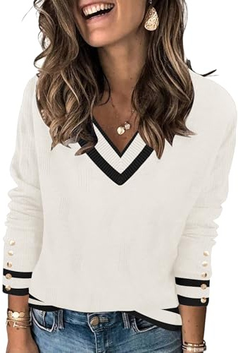 IECCP Women's Long Sleeve Jumpers V Neck Tunic Tops with Buttons Loose Casual Fall Sweater Shirts for Leggings(White and Black Color Block,M)