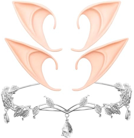 3 Stück Elfen Kostüm Damen Set, Prinzessin Crystal Crown mit Elfenohren, Feen Kostüm Damen, Prinzessinnen Kopfschmuck, Tiara für Hochzeit Braut Motto Party Karneval Cosplay Festival Kostüme Zubehör