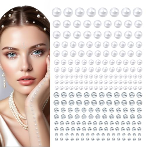 qiipii 4 Sheets Pure White Flatback Pearls Rhinestones Stickers Self Adhensive Solid White 3-8mm Half Pearls Stick On Jewels Multi Sizes Gems Crystals Stick on for Nails Face Eyes Hair Makeup Crafts