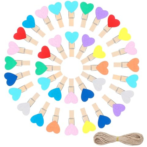 50PCS Mini Wooden Heart Pegs for Washing Line, Mini Wooden Pegs For Photos, Small Peg and String, Colorful Photos Clips for Arts Crafts Picture Paper Hanging