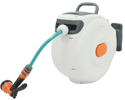 Automatische Schlauchtrommel 20m, Wandmontierbare Schlauch Trommel 180° Schwenkbar mit 6 Bewässerungsmodi, für Auto-/Rasen- /Blumen-Bewässerung