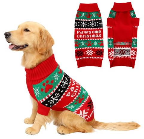 EOAMGO weihnachtspulli Hund, Lustiger Weihnachts Pullover Hund mit Pfoten und Schneeflocken, Warmer Strickpulli weihnachtspulli Hunde für kleine und mittelgroße Hunde (L)
