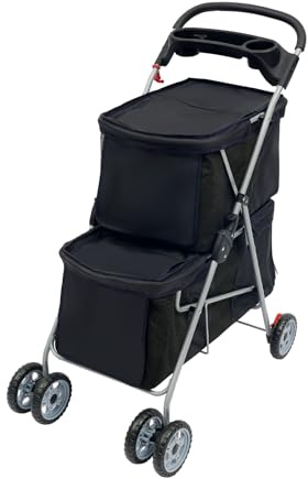 TaNeHaKi Hundvagn kattvagn vikbar, dubbelvåningar sällskapsdjur barnvagn, djurvagn hundvagn, husdjur buggy för små och medelstora hundar och katter (svart)