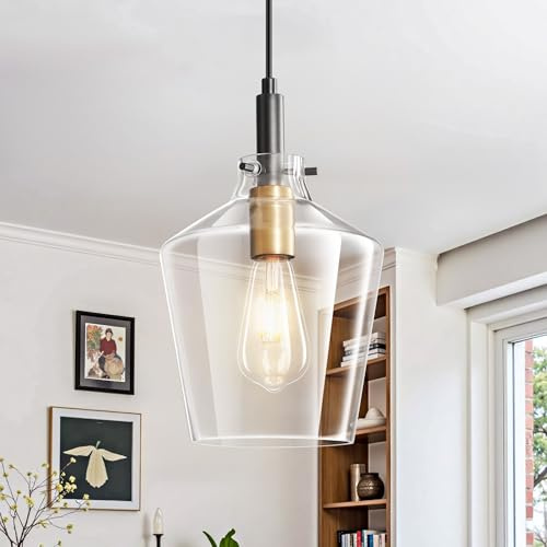 Actask Glas Pendelleuchte Esstisch Hängeleuchte Wohnzimmer Ø19.7 cm | Schwarz&Gold Hängelampe mit Dickem Klarglasschirmen, Moderne Deckenlampe für Esszimmer Schlafzimmer Flur, E27 Sockel