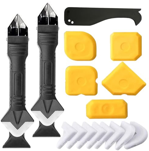 yolzhxe 18 Pièces Outil Joint Silicone, 3 in 1 Lisseur Joint Silicone Caulking Tool avec Comprend 10 Tampons de Rechange et 5 Tampons Grattoirs Pour Cuisine Salle de Bain Sol évier Fenêtre