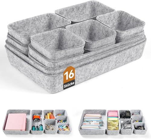 Novent 16er Set Schubladen Organizer Filz, Schubladenorganizer Küche Büro Bad, Make up Organizer Schublade & Schmuck Organizer, Organizer Boxen für Schublade, Hellgrau