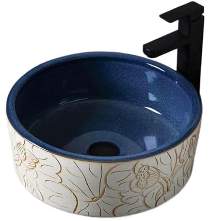 Hand-Carved Lotus Pattern Ceramic washbasin, Blue and Beige Retro Bathroom countertop, Artistic Round washbasin, Suitable for Bathroom use.