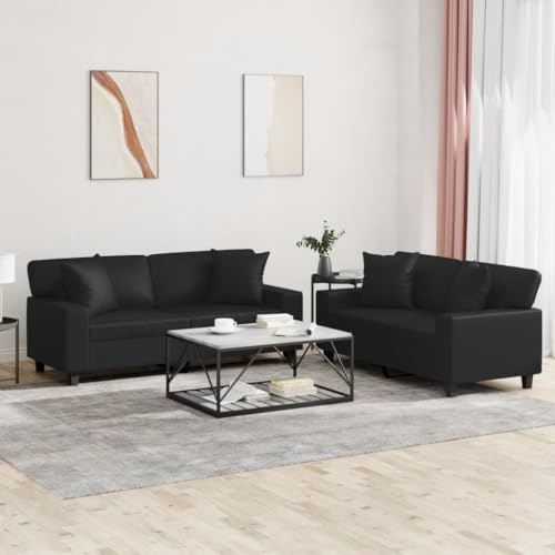 QUAHEAS 2-TLG. Sofagarnitur, Schwarz Kunstleder, 154/174 cm, mit 8 Kissen, Robustes Metall- & Sperrholzgestell, für Wohnzimmer & Empfangsbereich, Bequemes Sitzerlebnis
