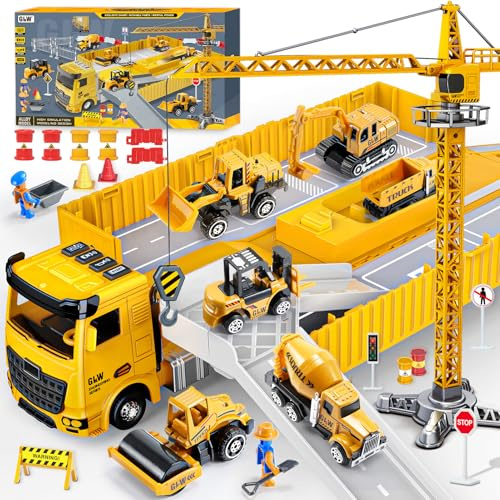 Juguetes para Niños 3 4 5 6 7 Años: Camión de Construcción con Luces y Sonidos Incluye Grúa Excavadora Hormigonera Apisonadora Bulldózer y Carretilla Elevadora, Regalo para Niños de 3 a 7 Años